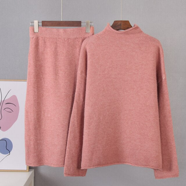 Hirsionsan Elegant Knitted Sweater Skirt Suits Women Soft Sexy Female Sets 2 Pieces Slim Fit Skirt and Loose Tops Ladies Ourfits