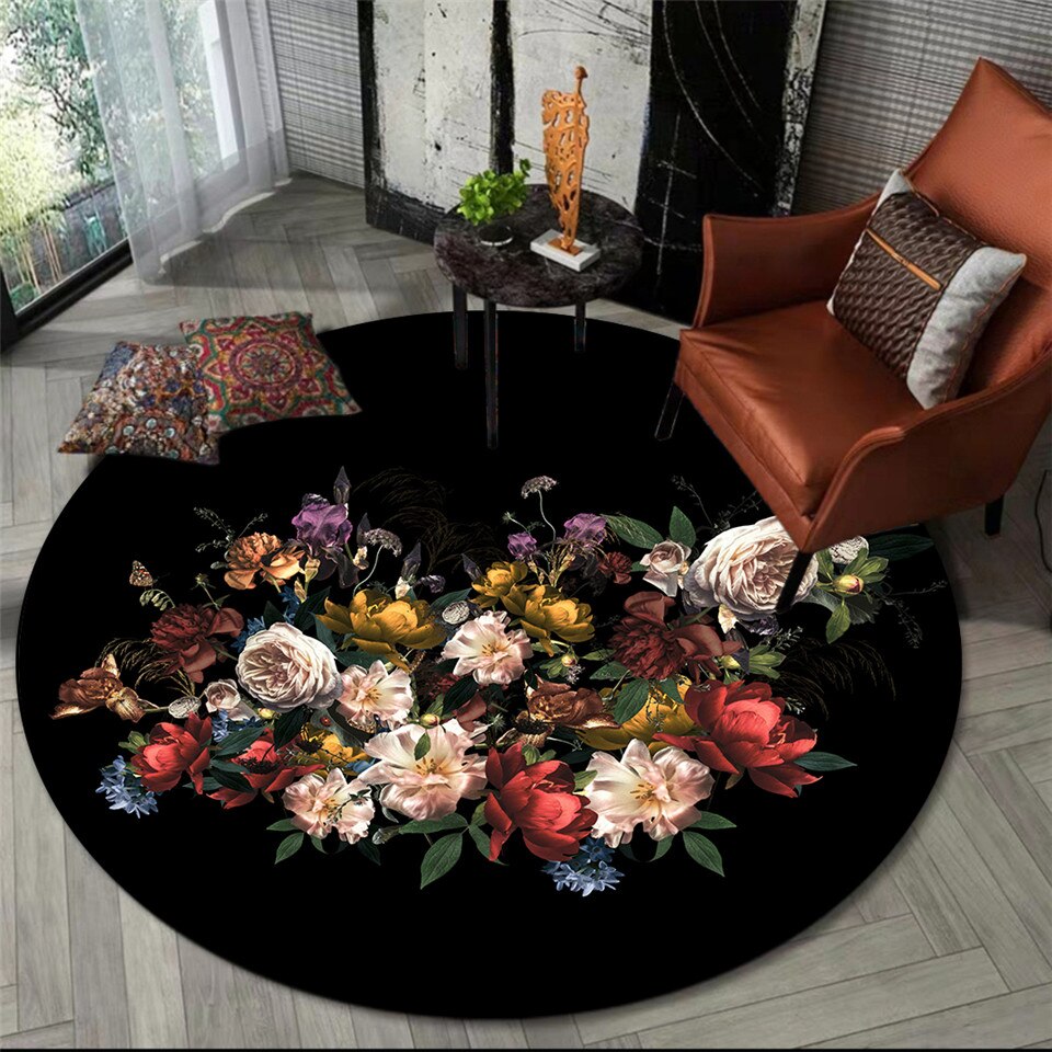 European Style Retro Floral Black Carpet Round For Bedroom Area Rug Beside Coffee Table Living Room Chair Floor Mat Bedside Mat