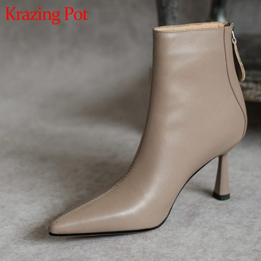 Krazing Pot new cow leather pointed toe strange high heels chic design concise basic clothing dress lady wedding ankle boots L51