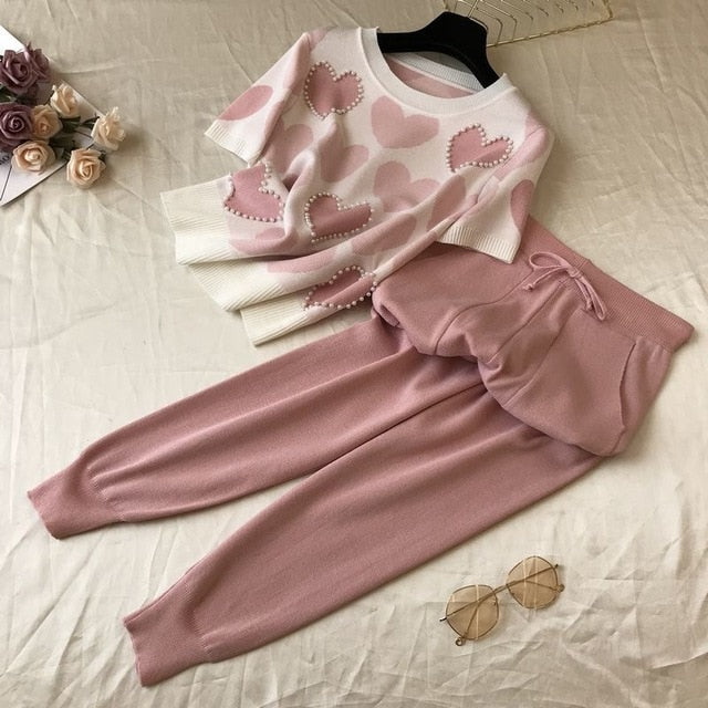 Korean summer Love printed knitted 2 Peice Set Women short sleeve beading Sweater Female tops+pants Suit pink casual Tracksuit