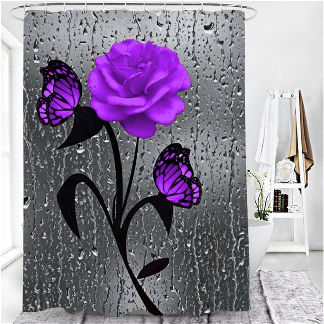 5 Colors Rose Print 3D Shower Curtain Waterproof Polyester Bathroom Curtain Anti-slip Bath Mat Set Toilet Rugs Carpet Home Decor