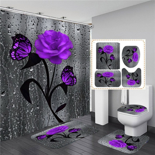 5 Colors Rose Print 3D Shower Curtain Waterproof Polyester Bathroom Curtain Anti-slip Bath Mat Set Toilet Rugs Carpet Home Decor