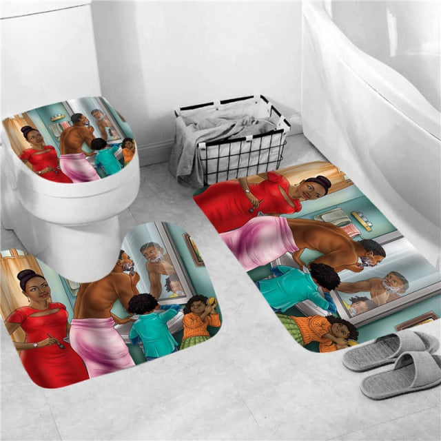 American Happy Family Print Shower Curtain Polyester Waterproof Bathroom Curtains Soft Bath Rug Flannel Carpet Anti-Slip Mat Set