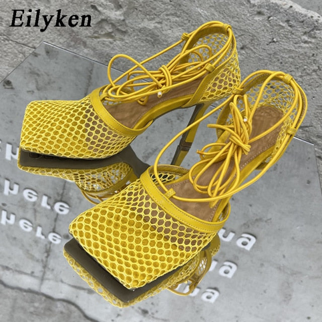 Eilyken 2021 New Sexy Yellow Mesh Pumps Sandals Female Square Toe high heel Lace Up Cross-tied Stiletto hollow Dress shoes