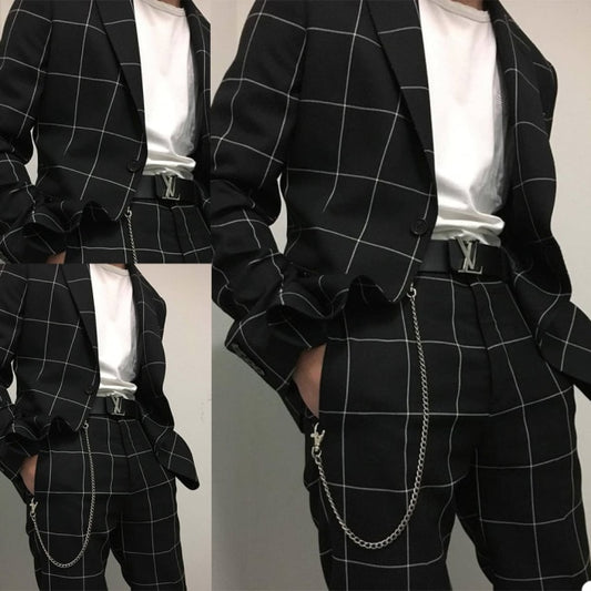 Black White Check Mens Wedding Tuxedos Two Button Groom Wear Formal Dinner Prom Party Blazer Suits(Jacket+Pants)