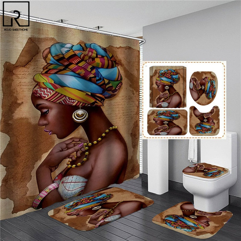 Elegant African Black Woman Print Shower Curtain Set American Girl Polyester Bathroom Curtains Anti-slip Bath Mats Carpets Rugs