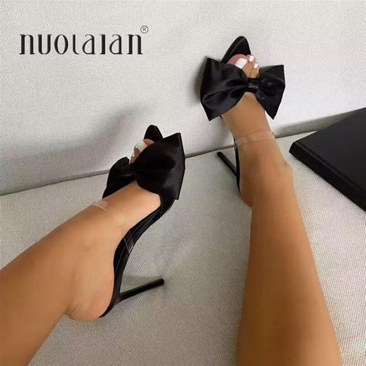 Butterfly-knot Women Sandals Mule high heels Slippers Sandals flip flops Pointed toe Strappy Ladies Slides Dress Party shoes
