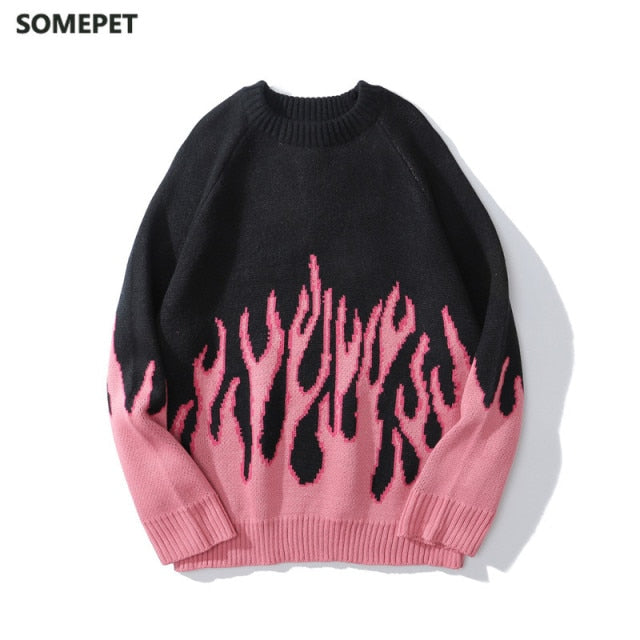 Pink Flame Off Shoulder Sweater Men Women Autumn Oversized Men's Sweater Knitwear Men Clothing - Shop 24/777
