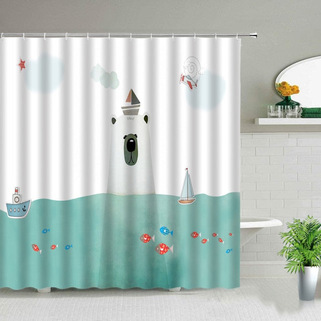 Cat Printed Shower Curtain Cartoon Lovely Animal Bear Waterproof Polyester Hanging Curtains Bathroom Bathtub Decor with Hooks