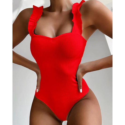 One Piece Ruffled Push Up Solid Red Swimwear - Shop 24/777