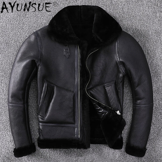 AYUNSUE Genuine Sheepskin Leather Jacket Mens Retro Wool Fur Jacket for Men Motorcycle Winter Coat Male Veste Homme LXR1054