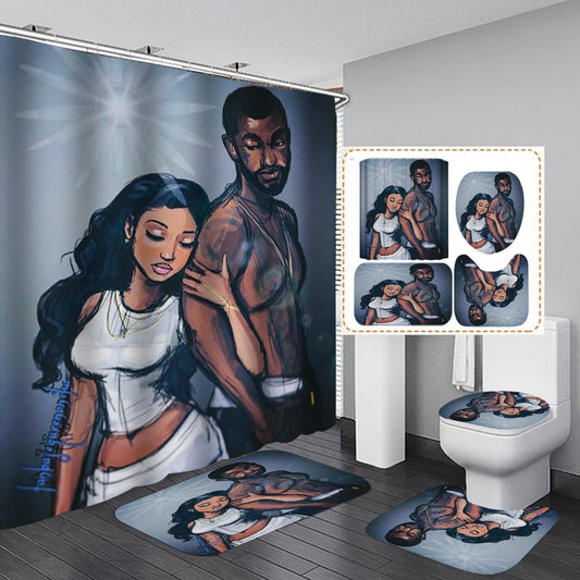 3D African American Men Women Bathroom Curtain Set Durable Waterproof Fabric Shower Curtains Toilet Cover Mat Non-Slip Bath Rug