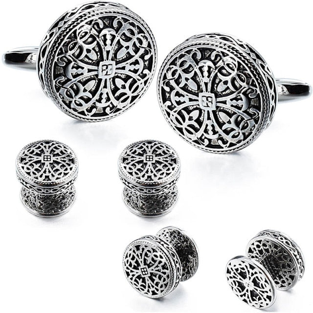 HAWSON Cufflinks and Tuxedo Shirt Studs for Men Retro Flower Pattern - Best Wedding Business Gifts For Groomsman with Box