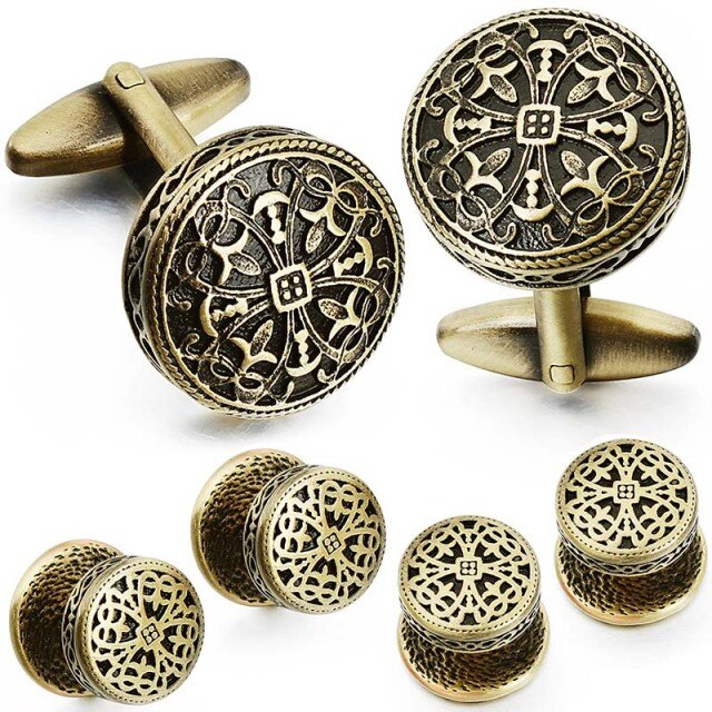 HAWSON Cufflinks and Tuxedo Shirt Studs for Men Retro Flower Pattern - Best Wedding Business Gifts For Groomsman with Box