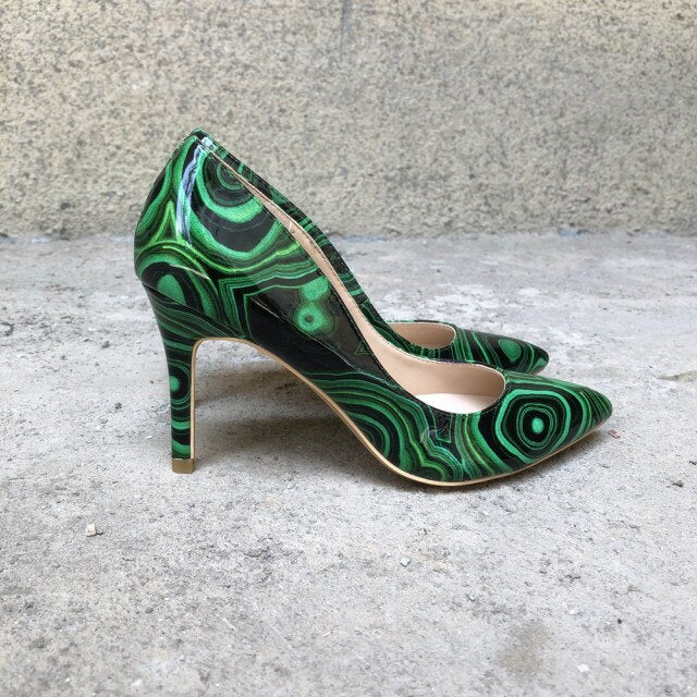 Veowalk Green Graffiti Printed Women High Heels Sexy Ladies Pointed Toe Stiletto Pumps Slip On Party Dress Shoes Woman Heels