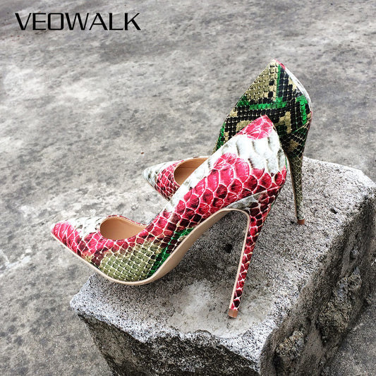 Veowalk Snake Printed Leather Women Sexy Green And Red High Heels 12/10/8CM Stiletto Pointed Toe Slip on Pumps Party Shoes