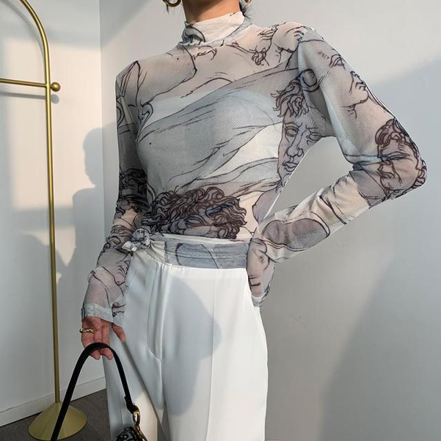 Yedinas Turtleneck Mesh Blouse Women Renaissance Print Long Sleeve See Through Top Ladies Sheer Designer Top Clothing