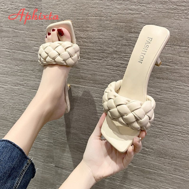 Aphixta 5cm Square Heels Slides Women Rope Lattice Peep Toe Women Outside Sippers Shoes Mujer Elegant Shoes