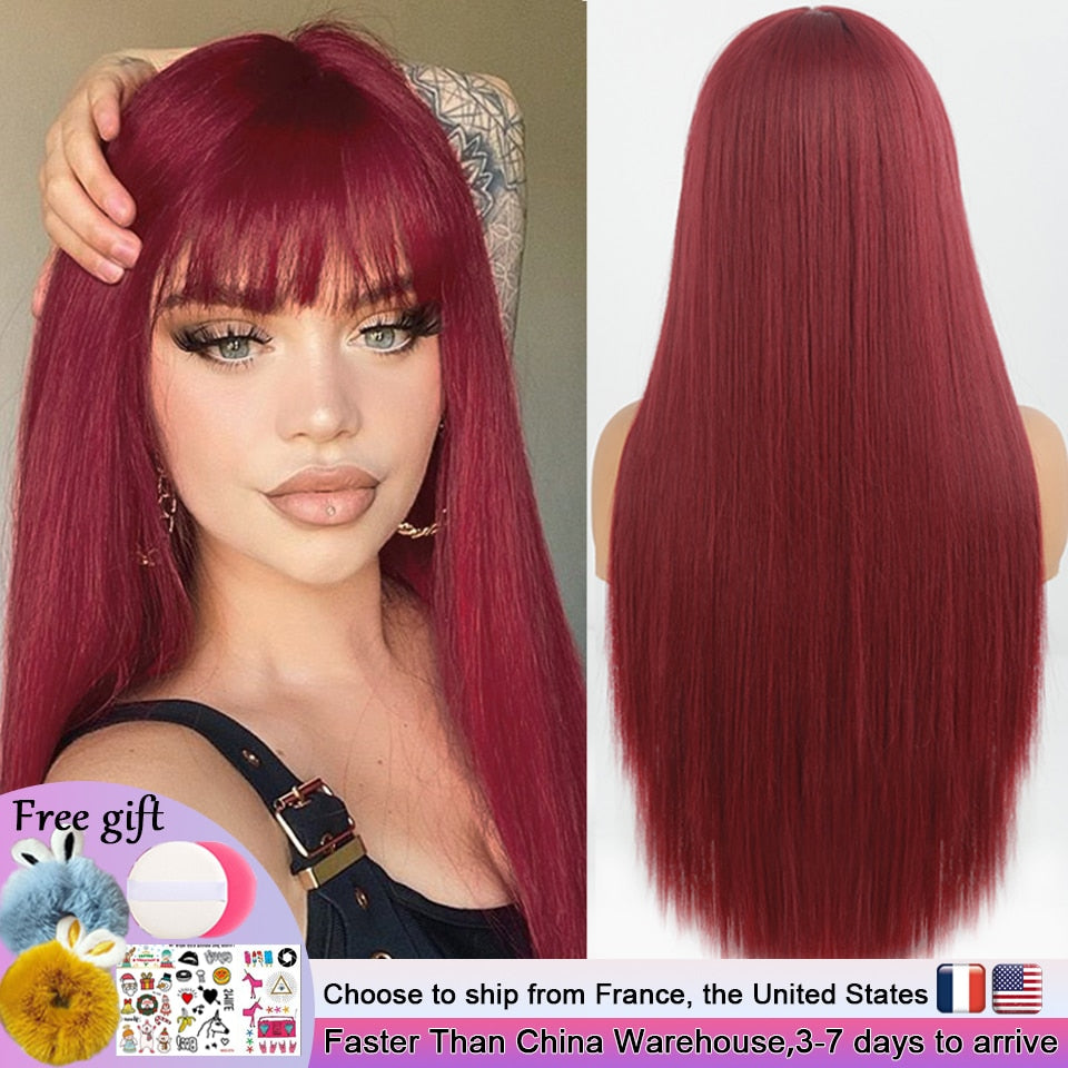 Long Straight Wine Red Wig With Bangs Synthetic Hair Wigs Bang With Wig For Women Wine Red Heat Resistant Wigs