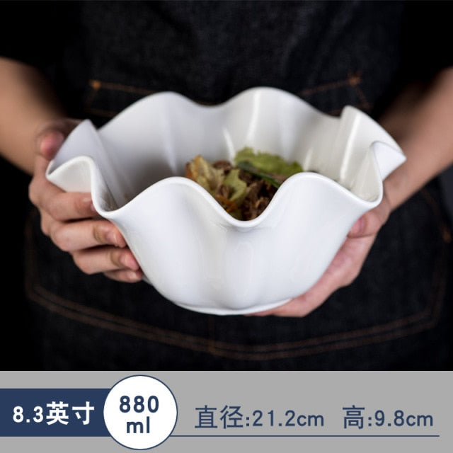 White Ceramic Irregular Salad Bowl Curling Edge Creative Dinner Plates Ceramic Fruit Kitchen Decor Dishware Platos De Cena