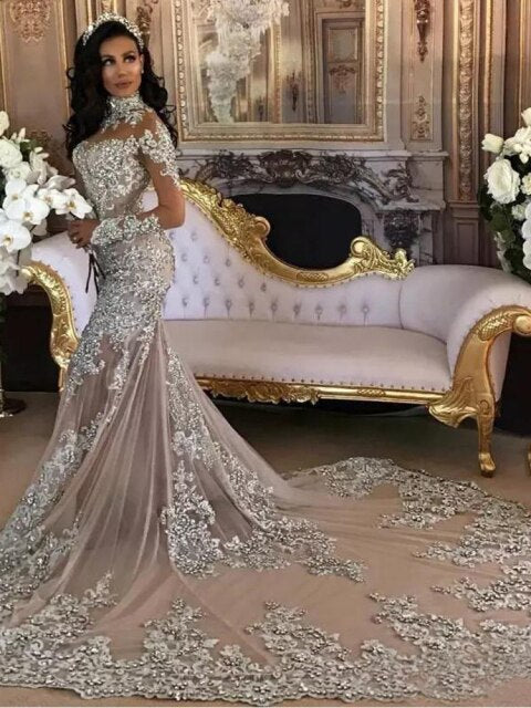 Dubai Arabic Luxury Sparkly Mermaid Wedding Dresses 2021 Bling Beads Pearl Applique High Neck Illusion Long Sleeves Bridal Gowns