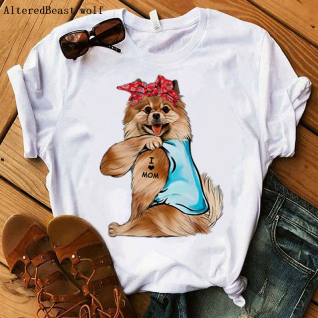 Pomeranian Mom Tshirt Women dog Harajuku I Love Mom Bandana T-shirt Summer O-neck Short Sleeve Clothing tee Shirt Female 2021 - Shop 24/777