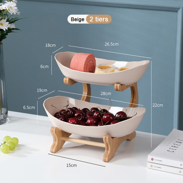 2/3 Tiers Plastic Fruit Plates With Wood Holder Oval Serving Bowls for Party Food Server Display Stand Fruit Candy Dish Shelves