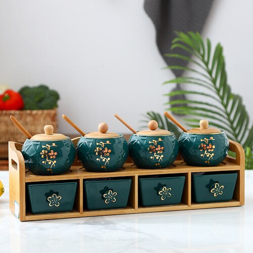 Emerald ceramic seasoning jar with lid luxury storage household box kitchen canister set cereal dispenser jars HOME GIFT
