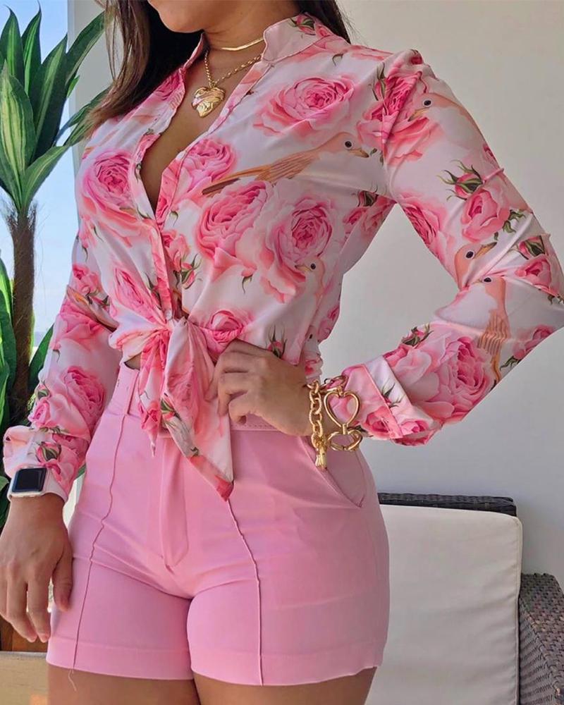 Women Long Sleeve Floral Printed Tie Knot Top Blouse Casual Spring Shirts Female