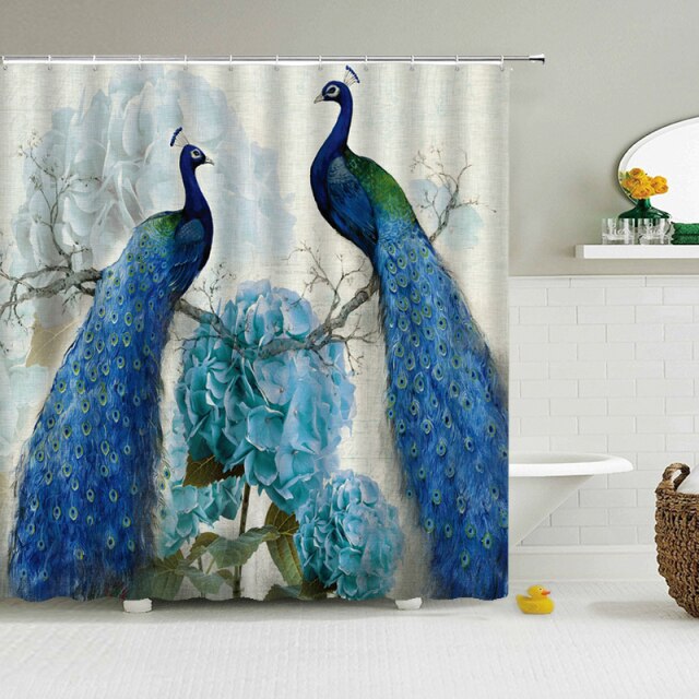 Peacocks Shower Curtains Chinese Birds Feather Bathroom Curtains 3d Retro Flower Waterproof Polyester Bath Screen With Hooks