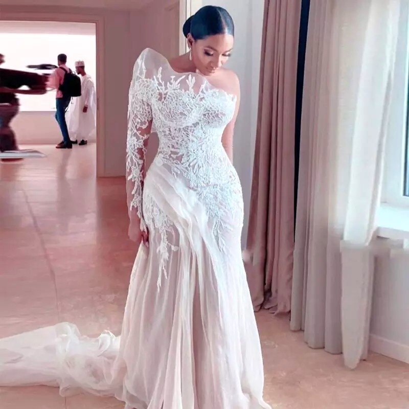 One Shoulder African Mermaid Wedding Dresses Plus Size Bridal Gowns Lace Appliques Draped  vestido de fiesta de boda Cheap