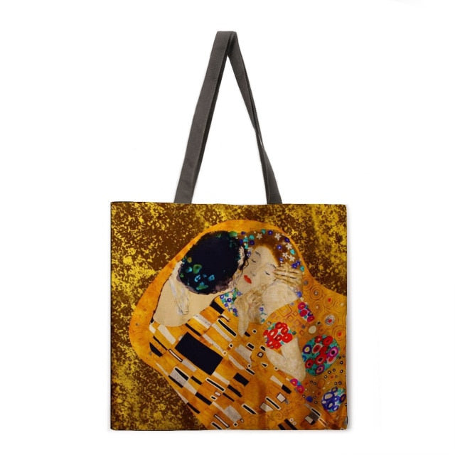 Golden oil painting leisure tote bag linen bag reusable shopping bag outdoor beach bag leisure tote bag