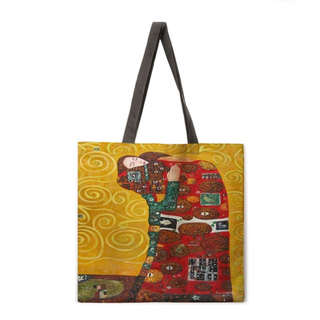 Golden oil painting leisure tote bag linen bag reusable shopping bag outdoor beach bag leisure tote bag