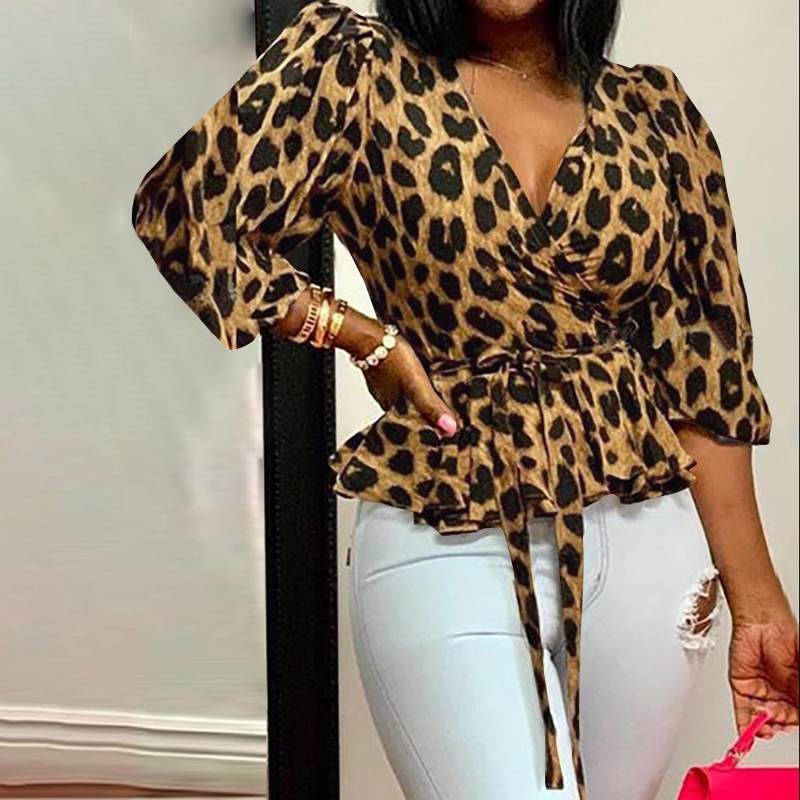 Celmia Women Blouses 5XL Elegant Office Tunic Shirt Sexy Deep V-Neck Leopard Print Belted Fashion Tops Ruffles Blusas Femininas