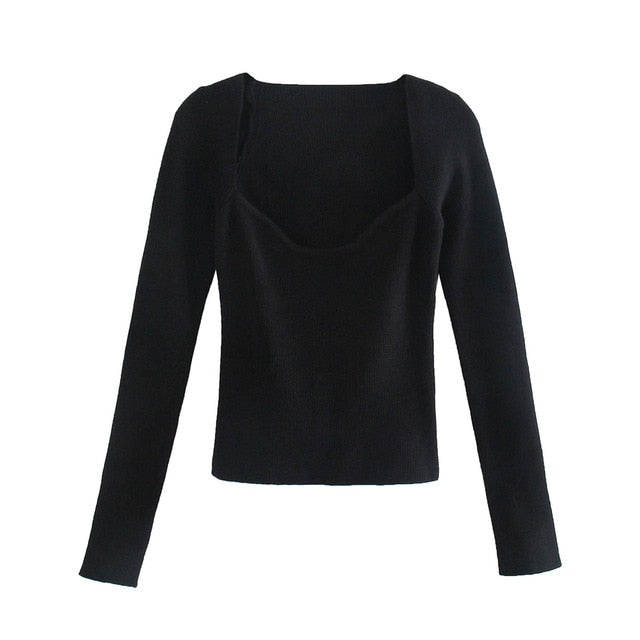 2021 New Women Knit Sweater Top Long sleeve heart-neck Casual Fashion Woman Slim-fit Tight Knitted sweaters Pullover Tops