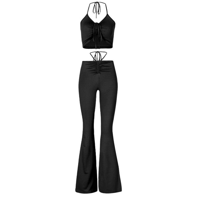 ALLNeon Y2K Streetwear Sexy Bandage Blue Co-ord Suits 2000s Fashion Drawstring Halter Top and High Waist Flare Pants 2 Piece Set