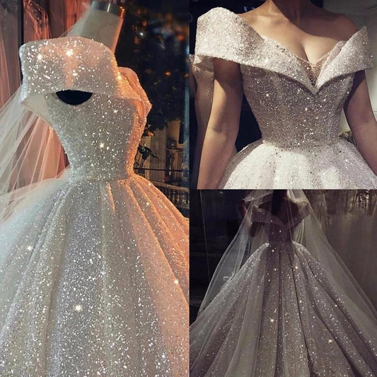 Luxury Ball Gown Wedding Dress 2020 V Neck Sparking Fabric Dubai Bridal Backless Shining White Formal Wear Plus Size