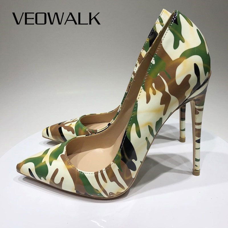 Veowalk Camouflage Printed Women Patent Pointed Toe Stiletto High Heels 8cm 10cm 12cm Ladies Party Dress Pumps Shoes Size 3-12