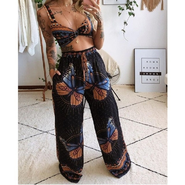 2 Pecs Suit Summer Tracksuit Sets Womens Outfits Boho Beach Style Print Underwear Loose Wide Leg Pants Ropa Mujer Подходить New