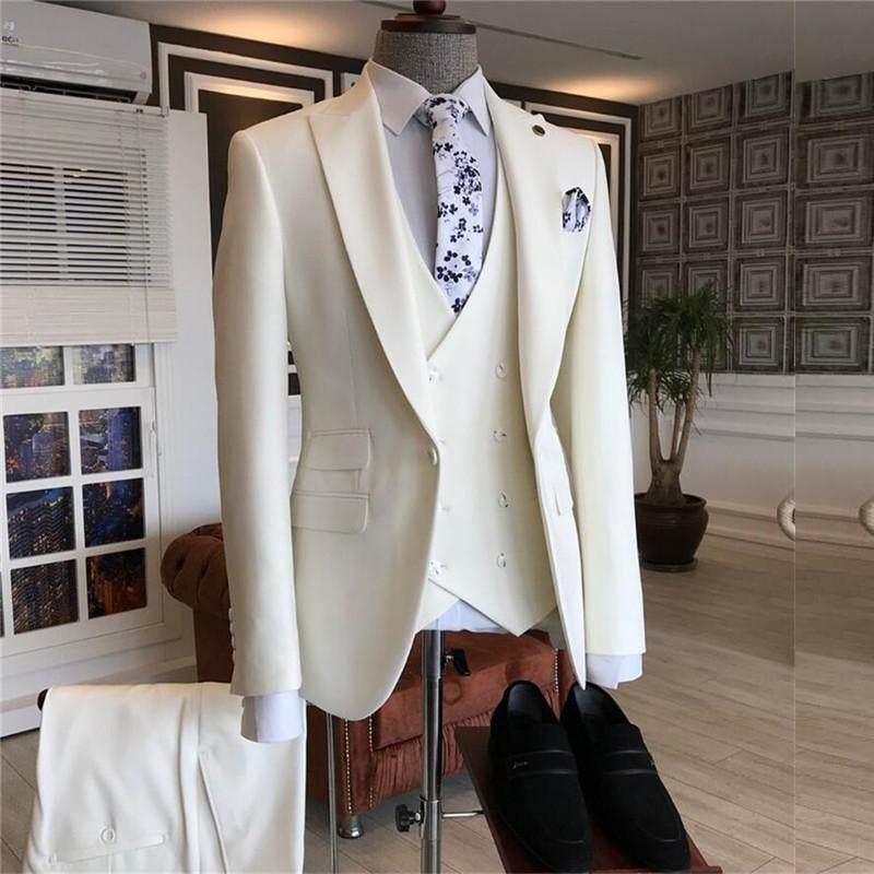 2021 Formal Business Ivory White Men Suit 3 Pieces Slim Fit Custom Casual Groom Wedding Prom Suit Jacket Vest Pants Dress Tuxedo