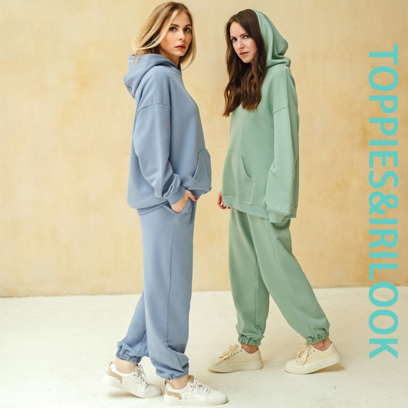 Toppies 2021 Women Hoodies and Sweatpants White Tracksuits Female Two Piece Solid Color Pullovers Jacket Lounge Wear Casual - Shop 24/777