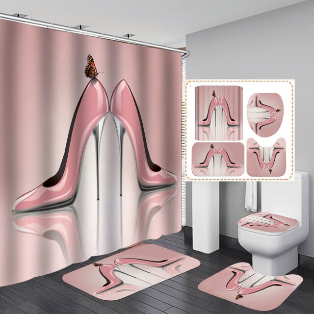 Red High Heels Print Shower Curtains Set Cosmo Lady Style Waterproof Bath Mats Rugs for Bathroom Soft Lid Cover Home Decoration