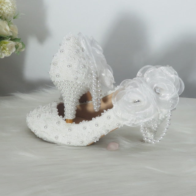 BaoYaFang white flower Women wedding shoes Bride Party dress shoes woman High heel platform shoes ladies handmade Lace shoe