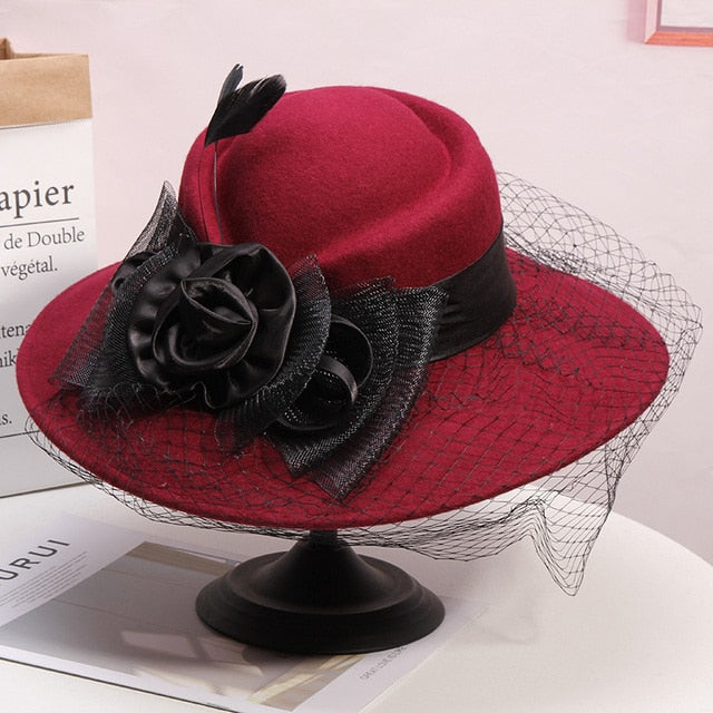 Veil Black Women Winter Fedora 100% Australian Wool Cloche Hats Female Wide Brim Felt Hat Ladies Bowknot For Church Caps 56-58cm