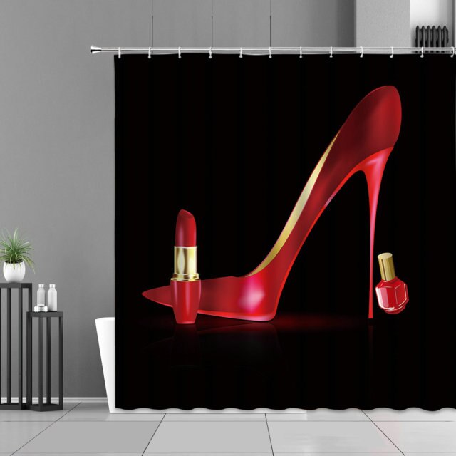 Sexy Red Lips Leopard Print High Heel Shower Curtain Cosmetic Perfume Pink Girl Bedroom Bathroom Decor Cloth Waterproof Curtains