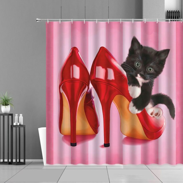 Sexy Red Lips Leopard Print High Heel Shower Curtain Cosmetic Perfume Pink Girl Bedroom Bathroom Decor Cloth Waterproof Curtains