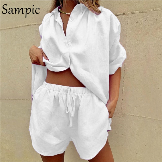 Sampic Summer Tracksuit Women 2021 Lounge Wear Shorts Set Short Sleeve Shirt Tops And Loose Mini Shorts Suit Two Piece Set