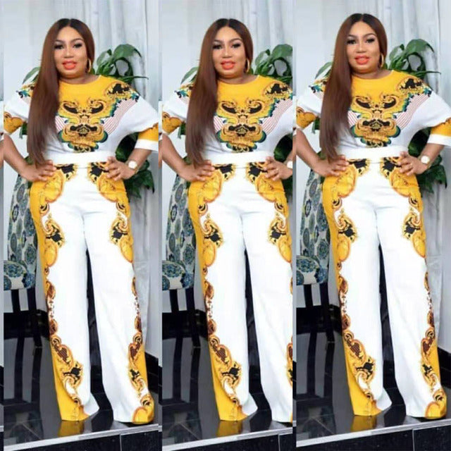 2021 Dashiki African Wide Leg Trousers 4 Colors New Fashion Suit (Dress and Trousers) Short Sleeves African For Lady(KJK#)