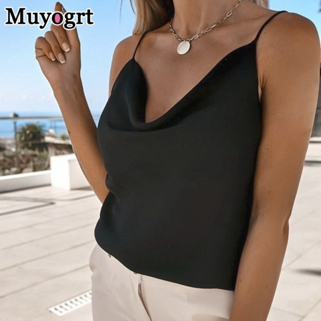 Muyogrt Women Summer Blouse Shirts Sexy V Neck Ruffle Blouses Backless Spaghetti Strap Office Ladies Sleeveless Casual Tops