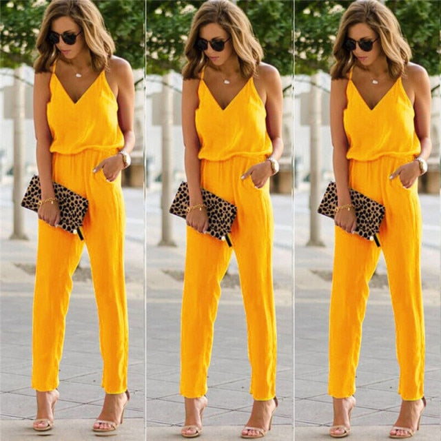 2020 Summer Women Holiday Casual Sleeveless Jumpsuits Fashion Ladies  Solid Color Bodysuit Wide Leg Loose Long Pants Trousers